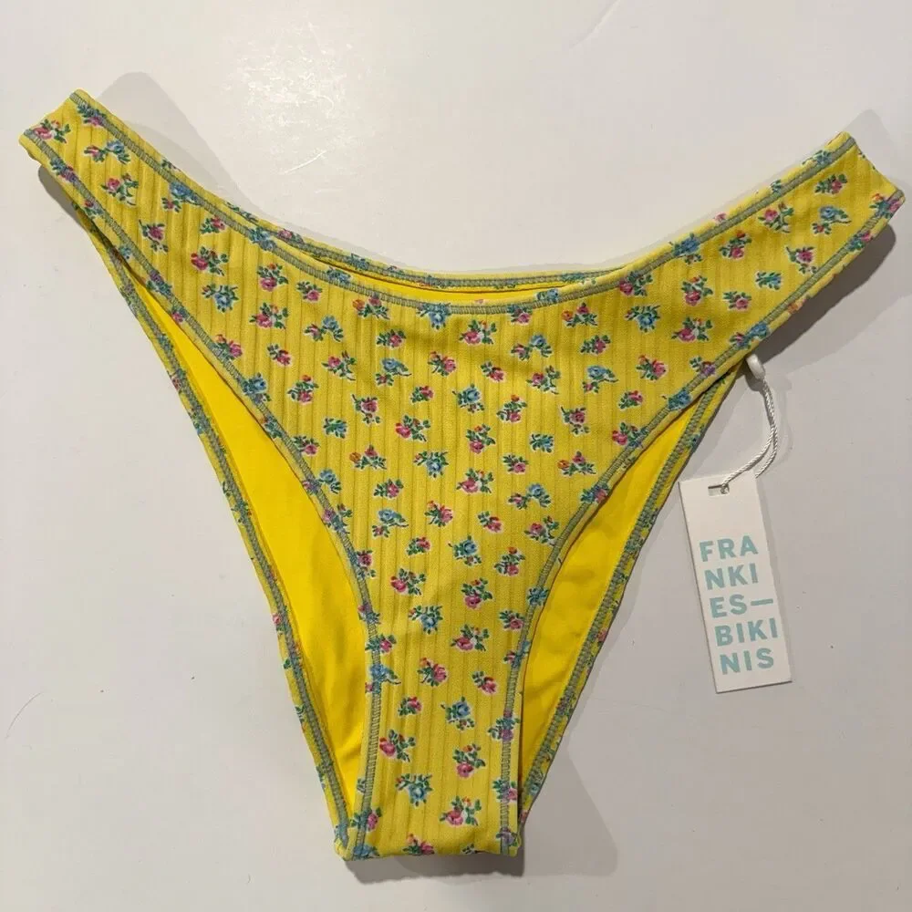 Frankie’s Bikinis pocket posies dove bottom Women’s Large Yellow Low Rise Swim